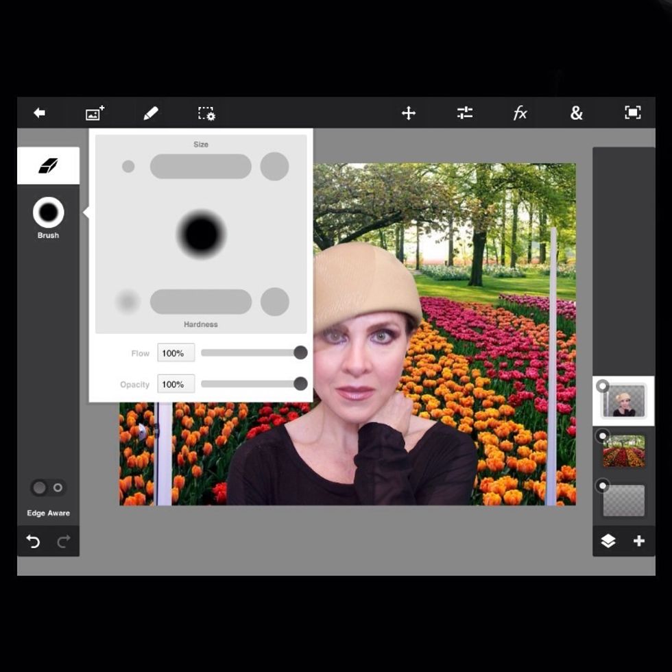 Select the eraser tool on toolbar located on the left, adjust the size and opacity, and clean up your photo.