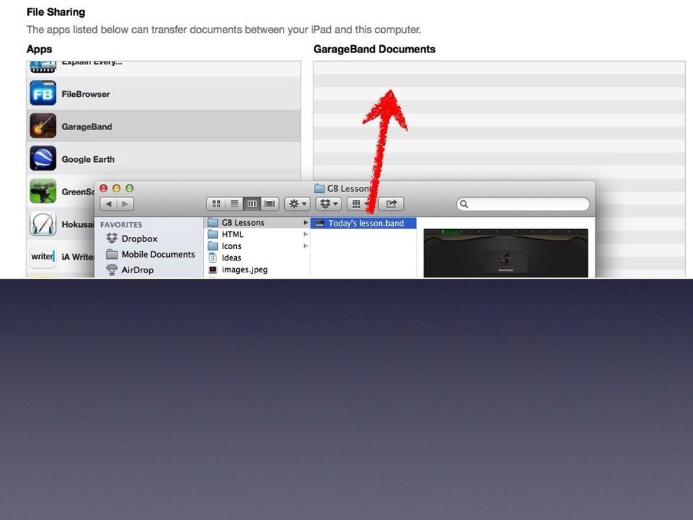 Select the first 'pupil' iPad, go to File Sharing in the Apps tab and select GarageBand - add a file to the iPad by dragging and dropping from the Finder (or click the 'Add' button)