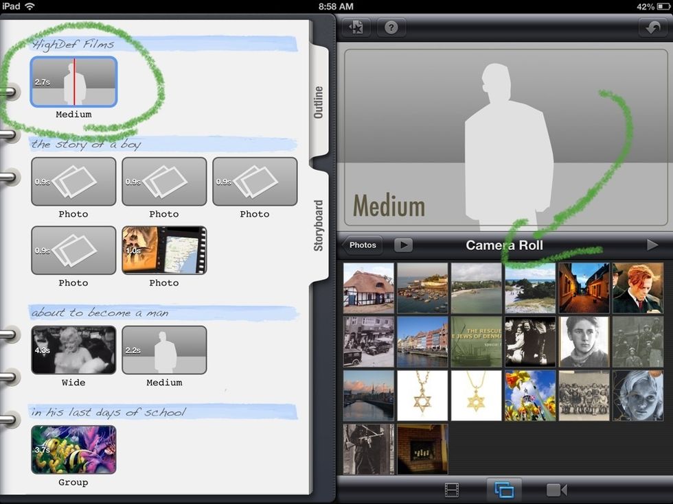 Select the frame where you want the image.  Notice the blue outline and red line. Under Photos, make sure the middle photo icon is selected.