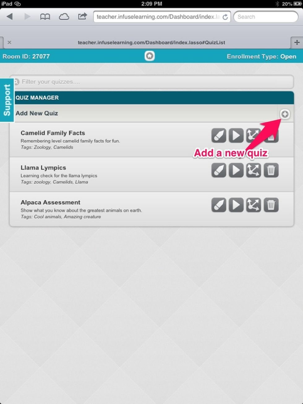 Select the plus sign to add a new quiz.