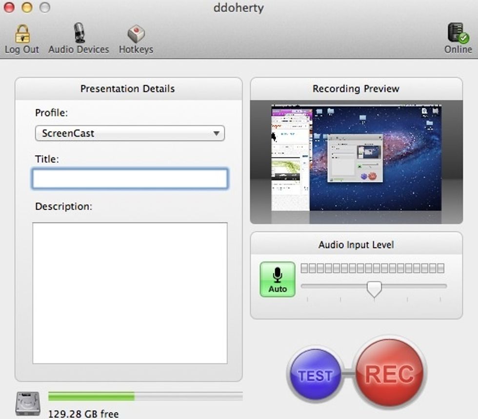 Select the Screencast profile, fill in a Title and a Description of the screen recording. Adjust the audio input level using the slider bar. Preview the screen capture area in the preview window.