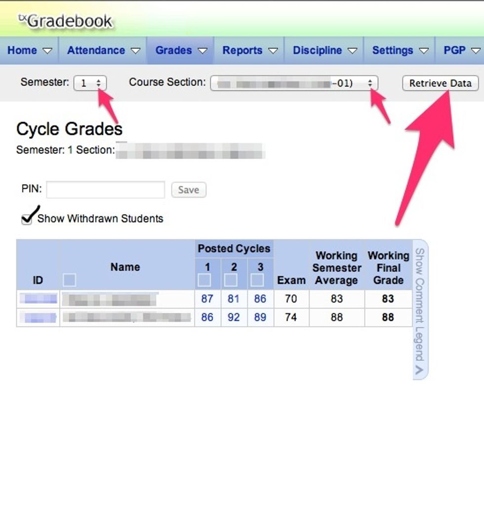Select the semester and course, then "Retrieve Data."