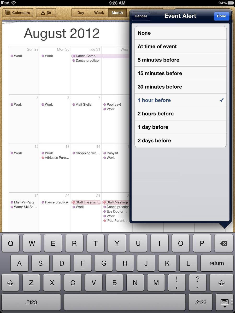 Select the time that you want your iPad to remind you about the event.