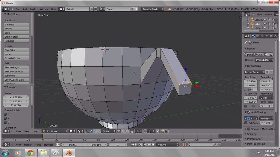 Select the two top vertices on the end of the handle.