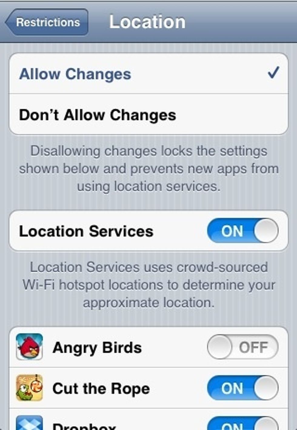 Select the \u2018Don\u2019t Allow Changes\u2019 option. Then go back to restrictions menu and select Accounts.