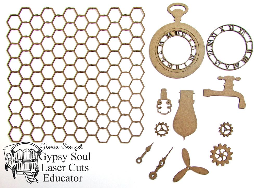 Select various steampunk GSLCuts Chipboard items listed in the supplies.