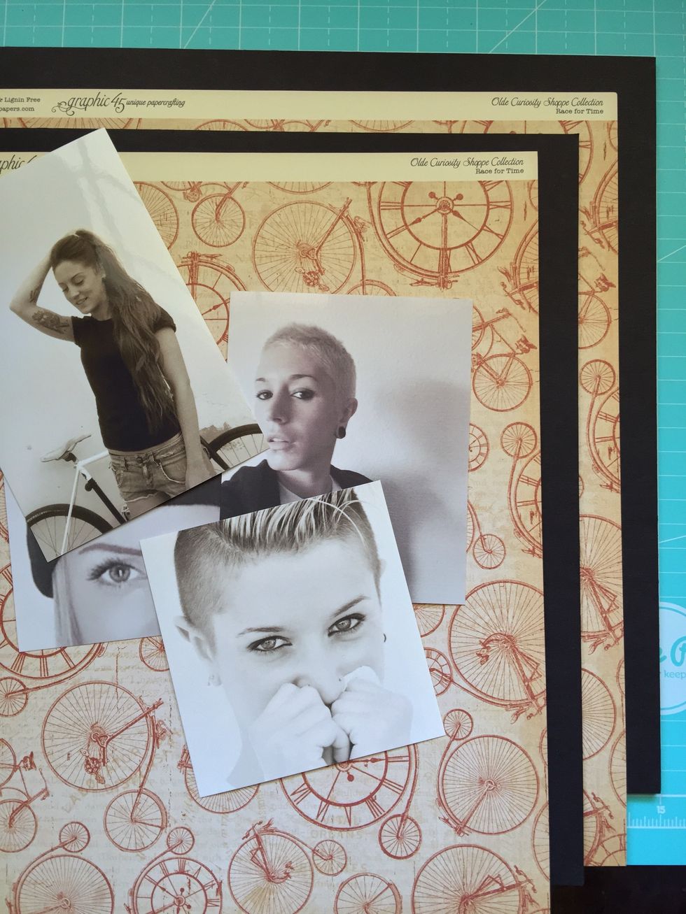 Select your fav photos and two 12x12" black cardboard and two decorated papers to make the background.