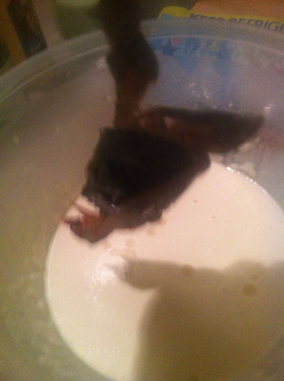 Send the crab for a swim. Tempura batter. Again just follow the directions on the box. Not brain surgery. I added a tsp of wasabi powder to the mix but I am rebel.