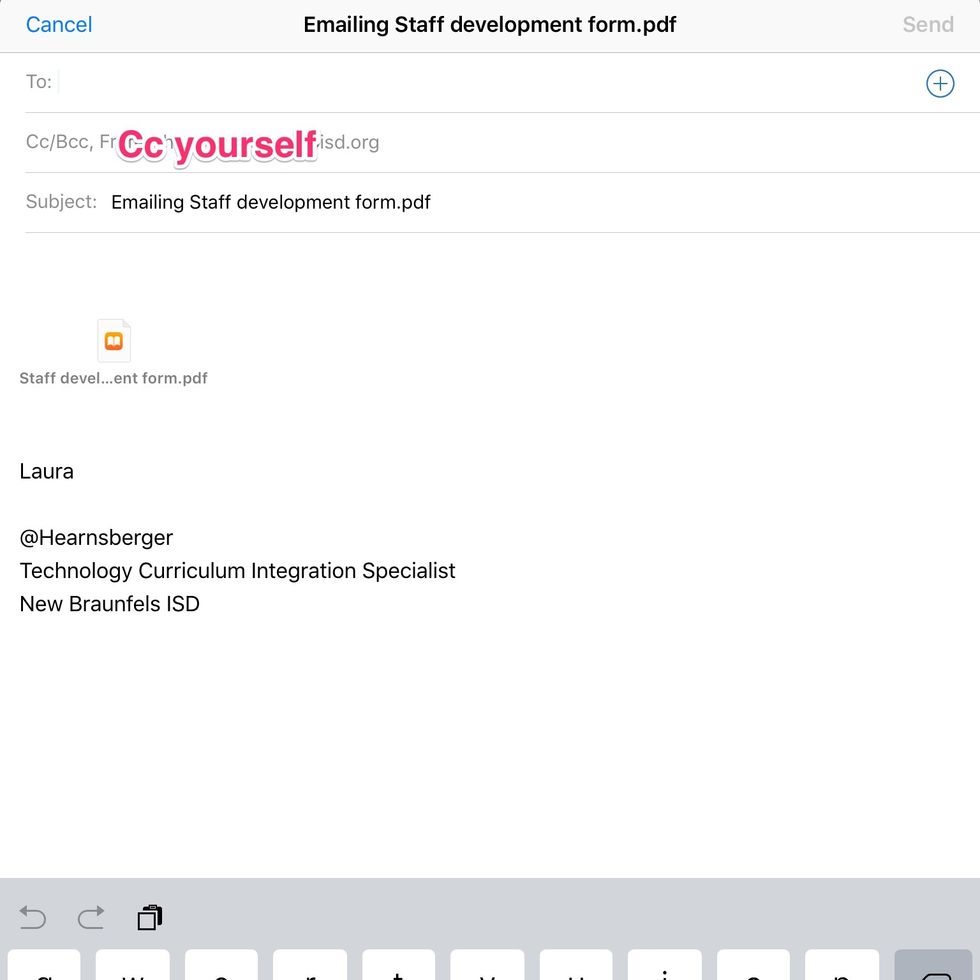 Send the email as usual. Tip 1: Cc yourself, so you have a copy for your records. Tip 2: The items you entered into the fillable part of the form will only show when viewing in Adobe Acrobat.
