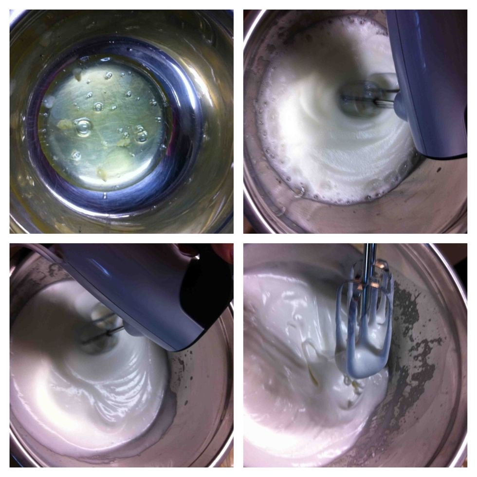 Separate egg whites from the yolks. Beat the egg whites gradually add sugar.