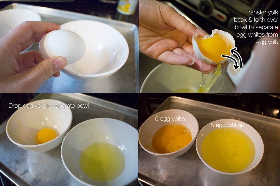 Separate eggs into a bowl for yolks & another bowl for egg whites. Crack an egg in 2, transfe yolk back & fourth between egg shells as egg white drips through into a bowl below. Repeat for other eggs.