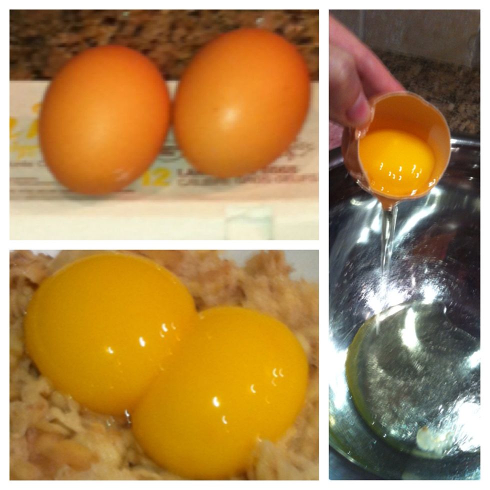 Separate the 2 eggs.  Set the yolk (y=yellow)  aside.  I put it with the grated potato.