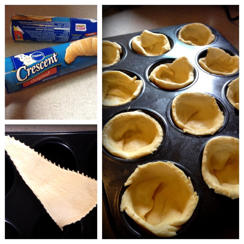 Separate the crescent rolls and press one into each muffin cup.