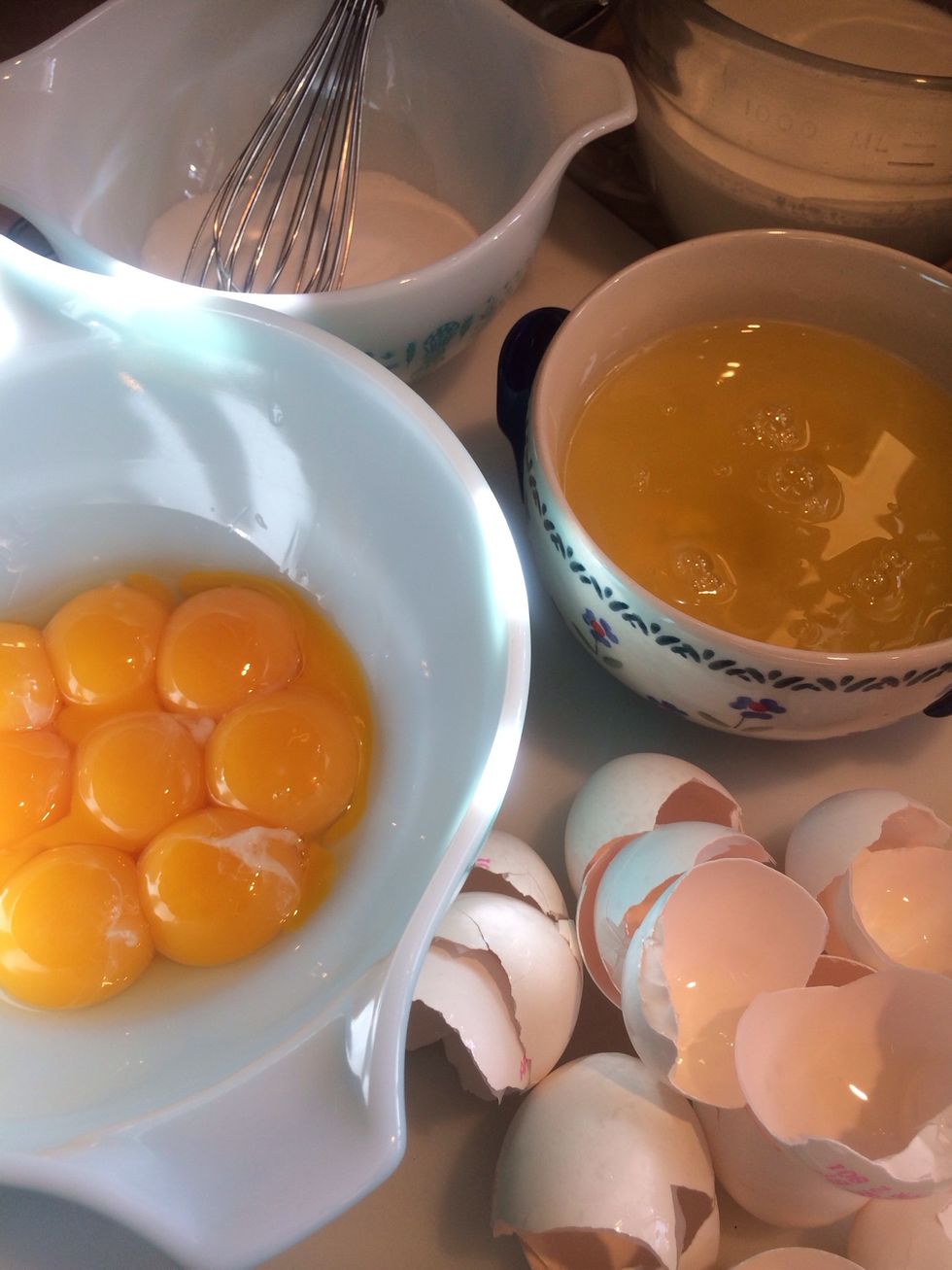 Separate the egg yolks from the egg whites. Save the whites, freeze them for later. I love Angel Food cake, we can make that another time.