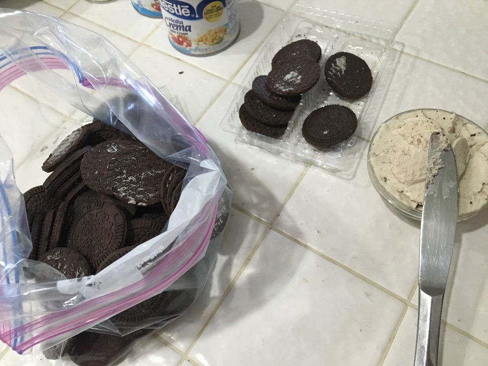 Separate the filling from the cookies and reserve about 8 halves for later