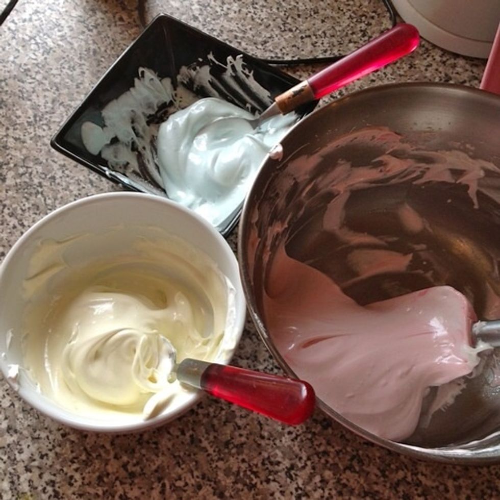 Separate the mixture into three bowls and colour accordingly! I\u2019ve gone for vintage pastel shades.