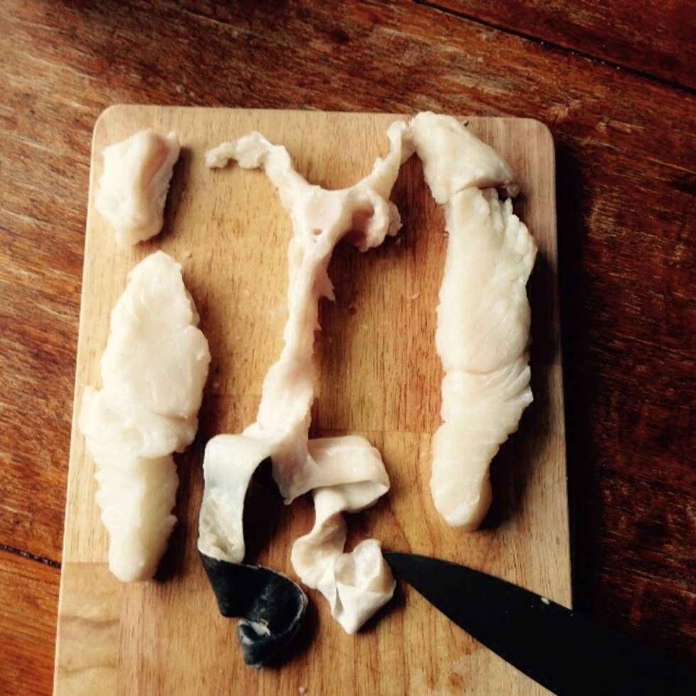 Separate the tender flesh from skin and bones.