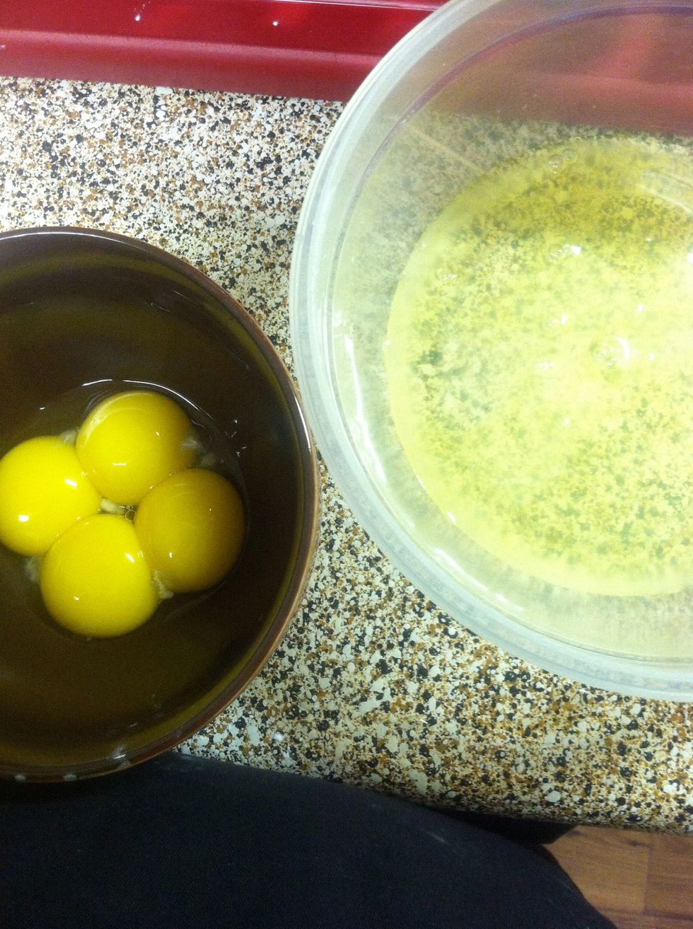 Separate the yolk and egg whites . How many eggs depends on how many peppers and the size of them. In this case i made 6 chiles rellenos and still had a little egg left over.