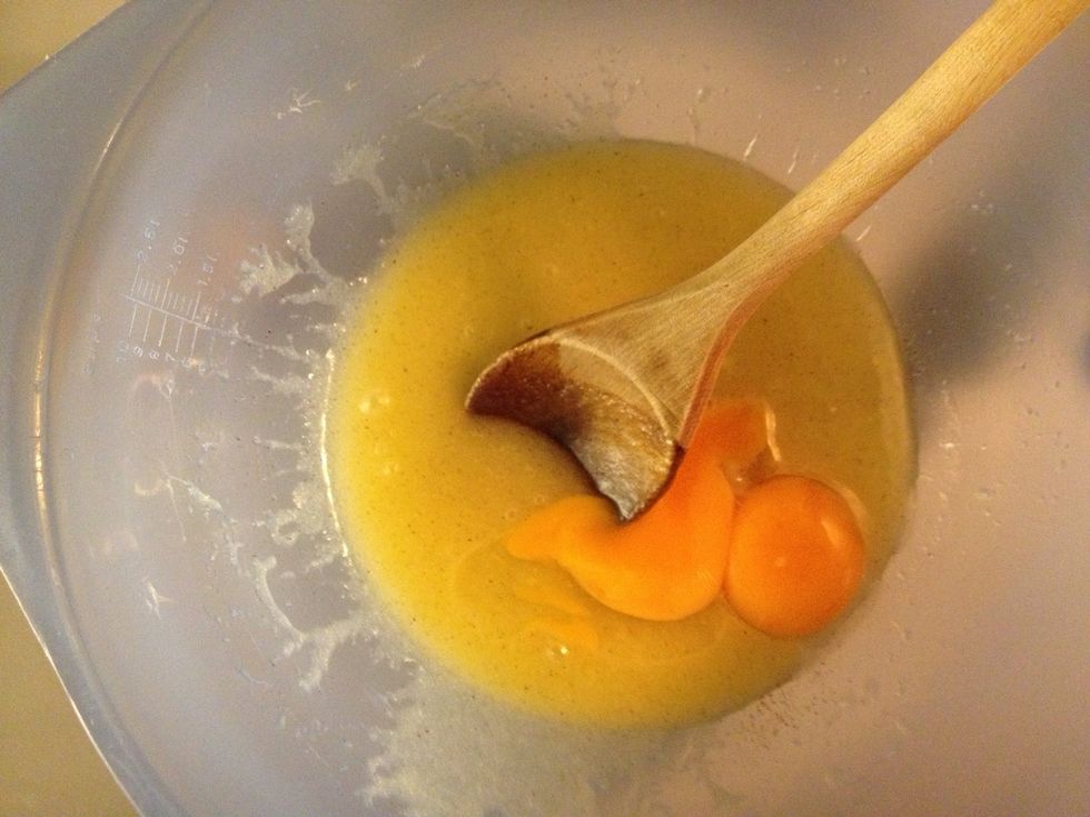 Separate the yolks from the whites. Save the whites, we will use them in a minute. Add the yolks to the big bowl \ud83d\ude03