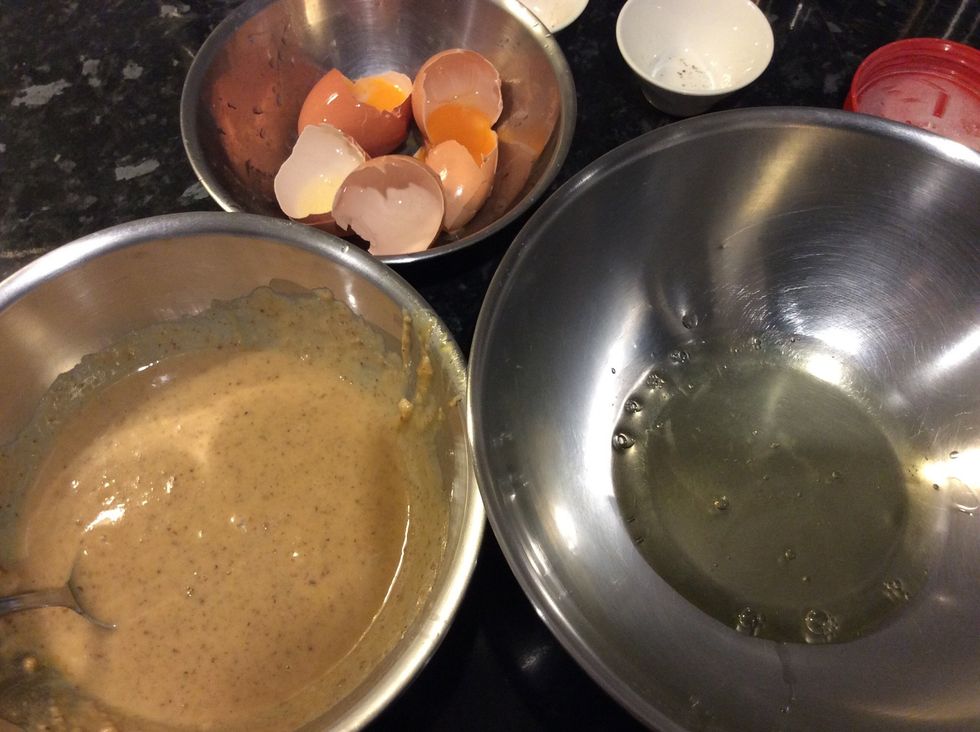 Separate two eggs putting the yolks in the sauce and add the cheese then stir together. Put whites in another bowl
