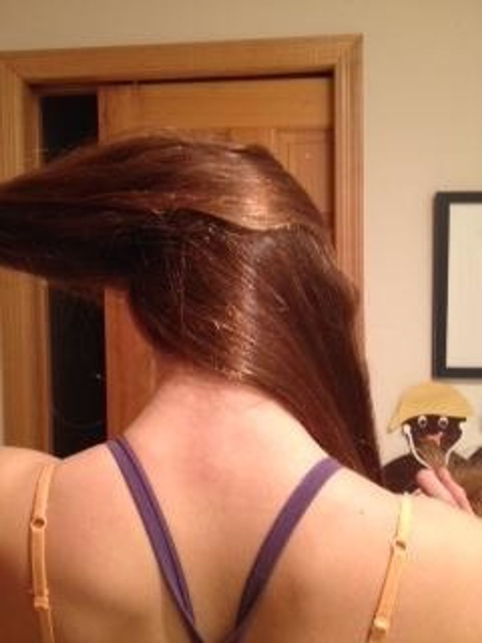 Separate your top hair from your bottom hair, to make the nest step simpler. (TIP: use a brush or comb to keep it neat and flat)