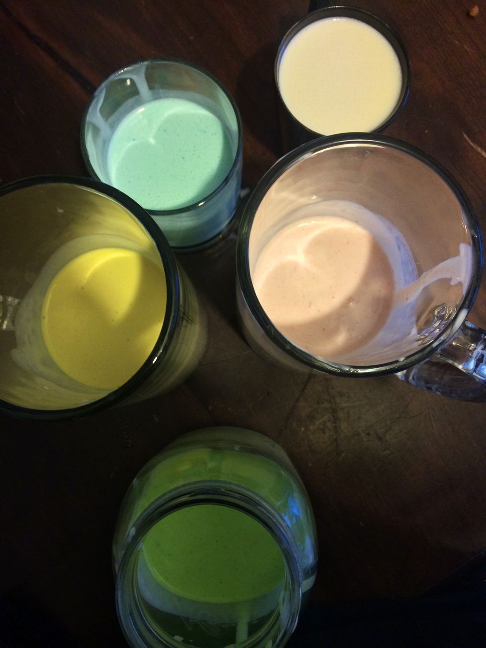 Separated the mixture and added color you can chose your own color I decided to do pink, blue, yellow, green and white