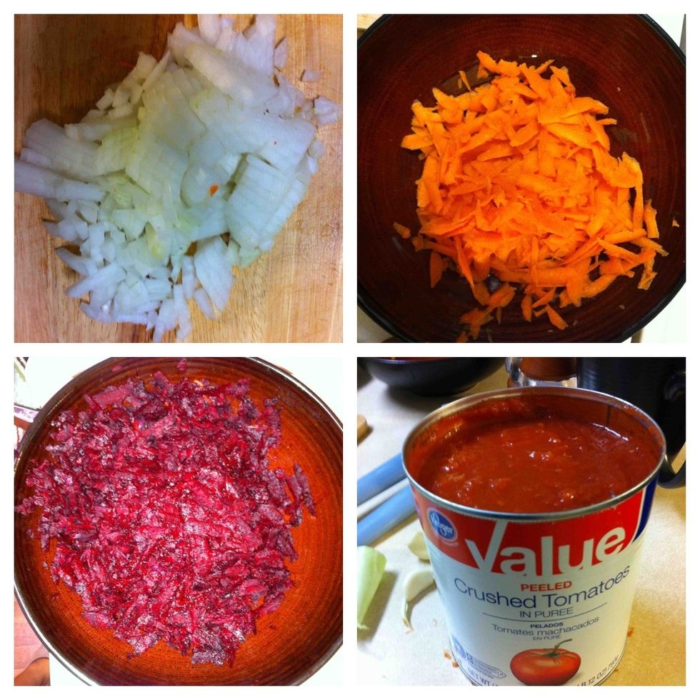 separately, chop the onions, chop carrots, chop the beets.