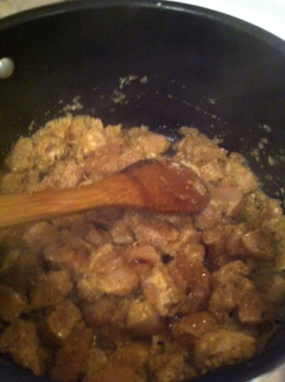 Separately season your chicken with the chili powder in the garam masala, salt. Stir fry your chicken in the mix