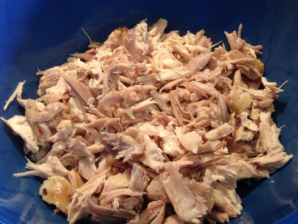Seperate the meat from the bones, skin, fat, etc. chop or "pull" the chicken into small pieces (about 1/2" or so).