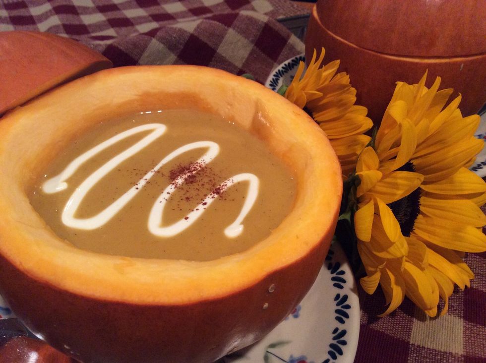 Serve! Delicious! It's like "liquid fall" in a bowl. For the bowls, I hollowed out pie pumpkins. It really adds a Wow, to the table.