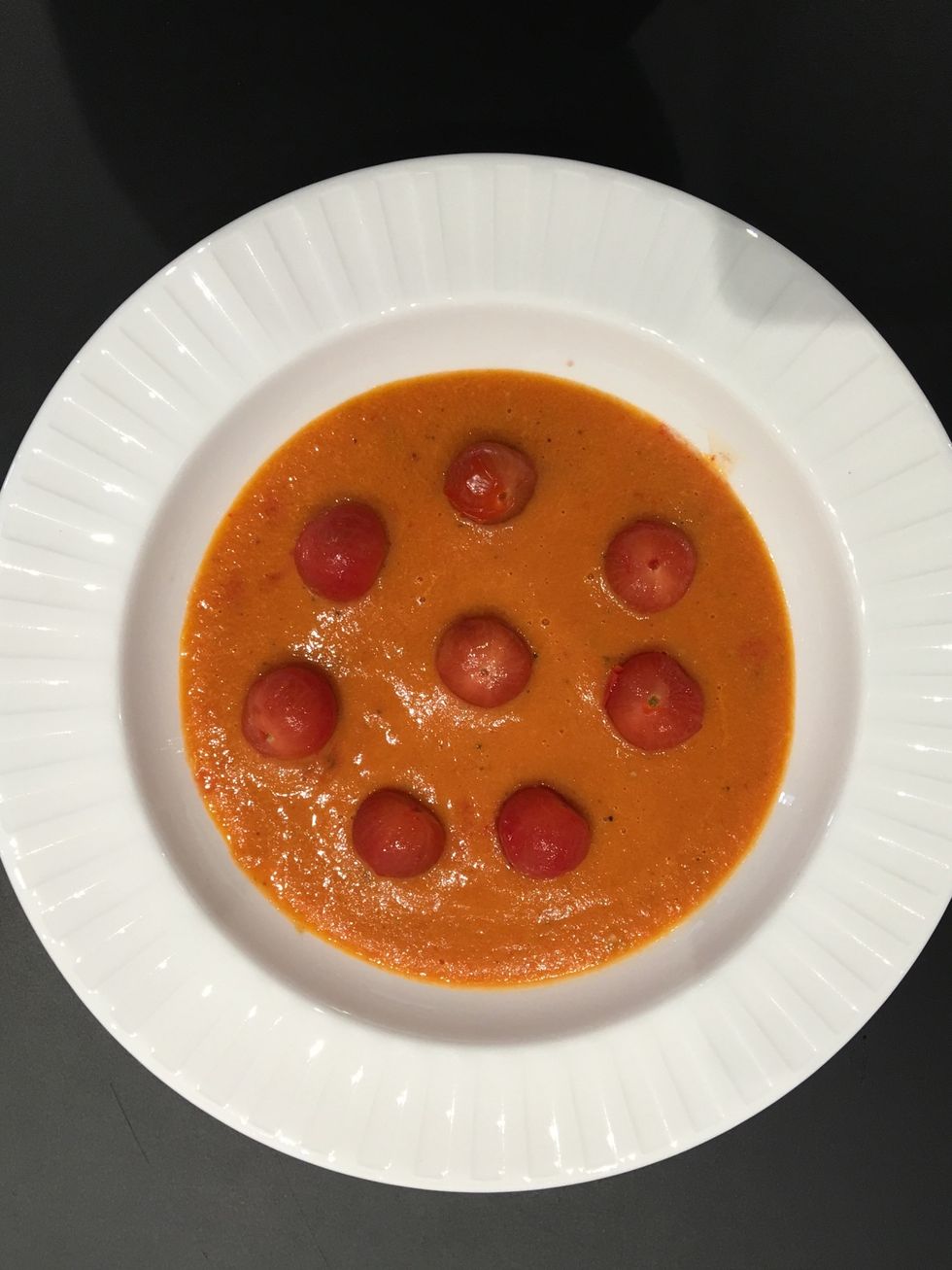 Serve in a heated wide based soup dish or (pasta dish). Add the warm and peeled cherry tomatoes