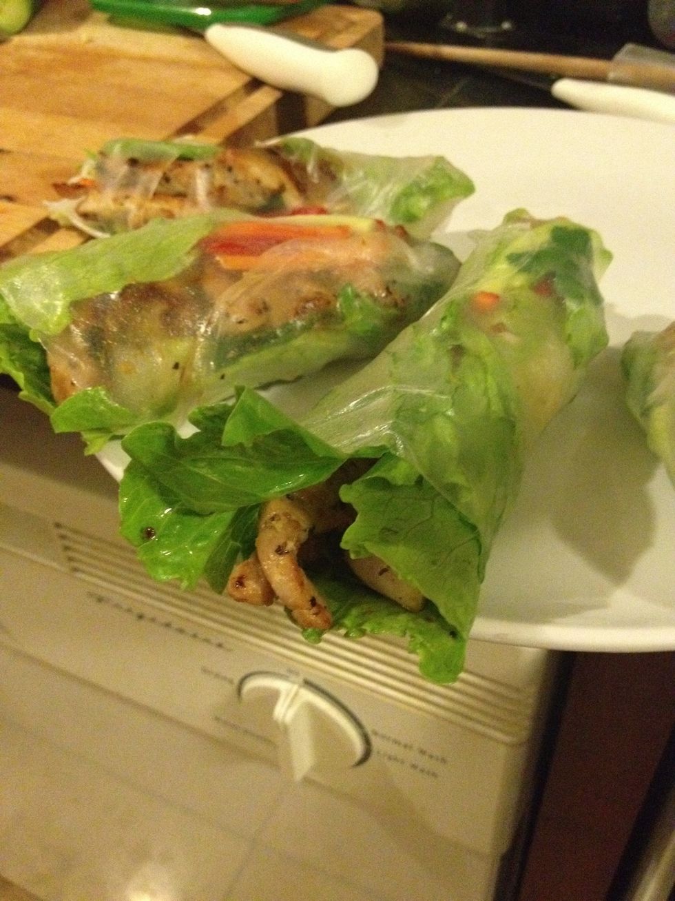 Serve rolled spring rolls with the fish sauce and hoisin sauce mixtures. Yummy!