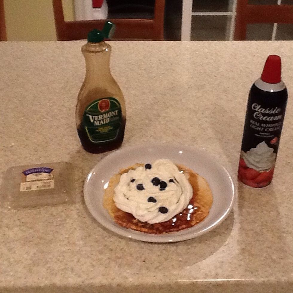 Serve the pancakes with maple syrup, whipped cream, fruit, or any of your favorite toppings