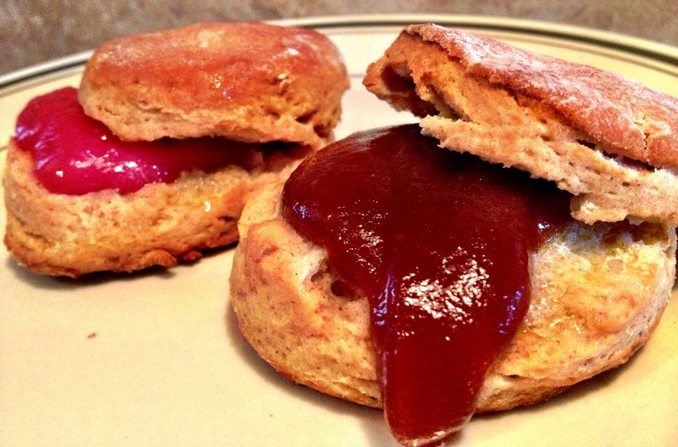 Serve warm with plain butter, apple butter, cranberry curd - whatever sounds good! My kids like to put peanut butter on them.  (See my Snapguides for apple butter & cranberry curd - both DELICIOUS!)