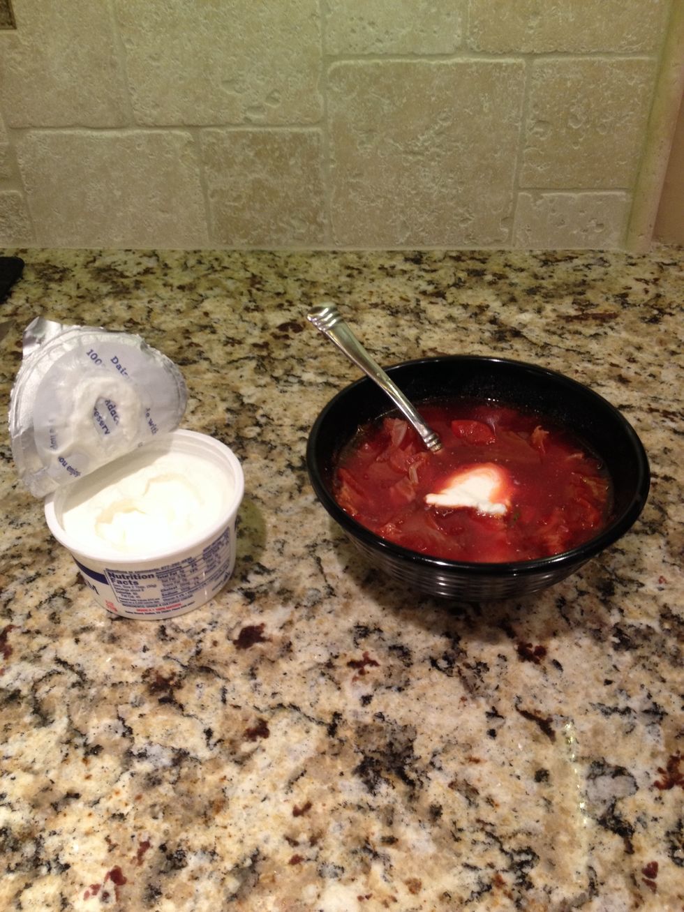 Serve with a dollop of sour cream and enjoy. But remember, Borshch is always at its best a day or two after!