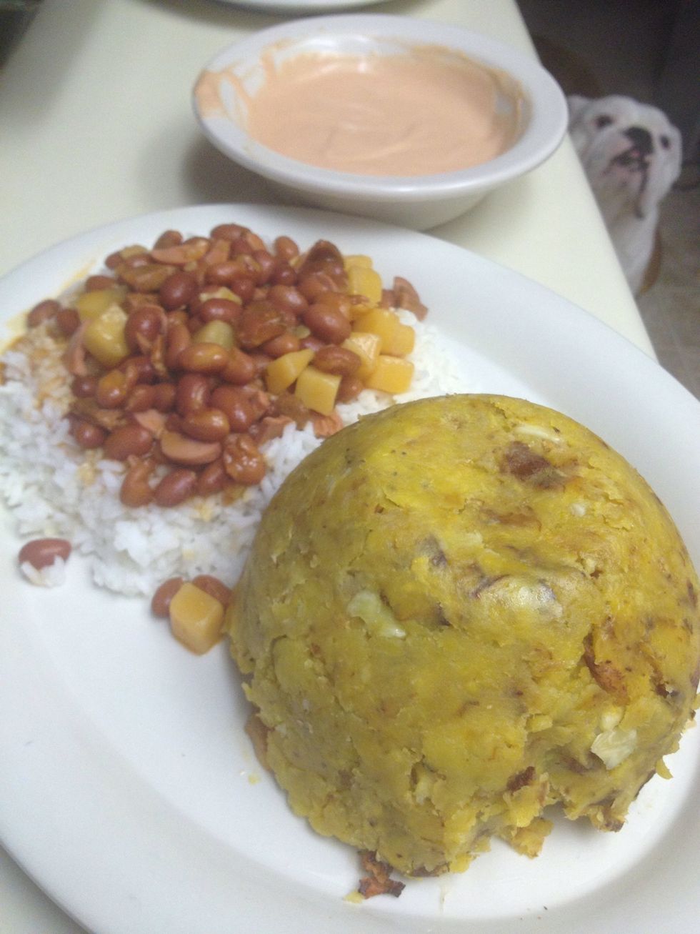 Serve with a side. Today I served it with beans and rice. Traditionally, this is served with a dipping sauce mixture of equal parts mayo and ketchup with a dash of Adobo seasoning. "MayoKetchup"