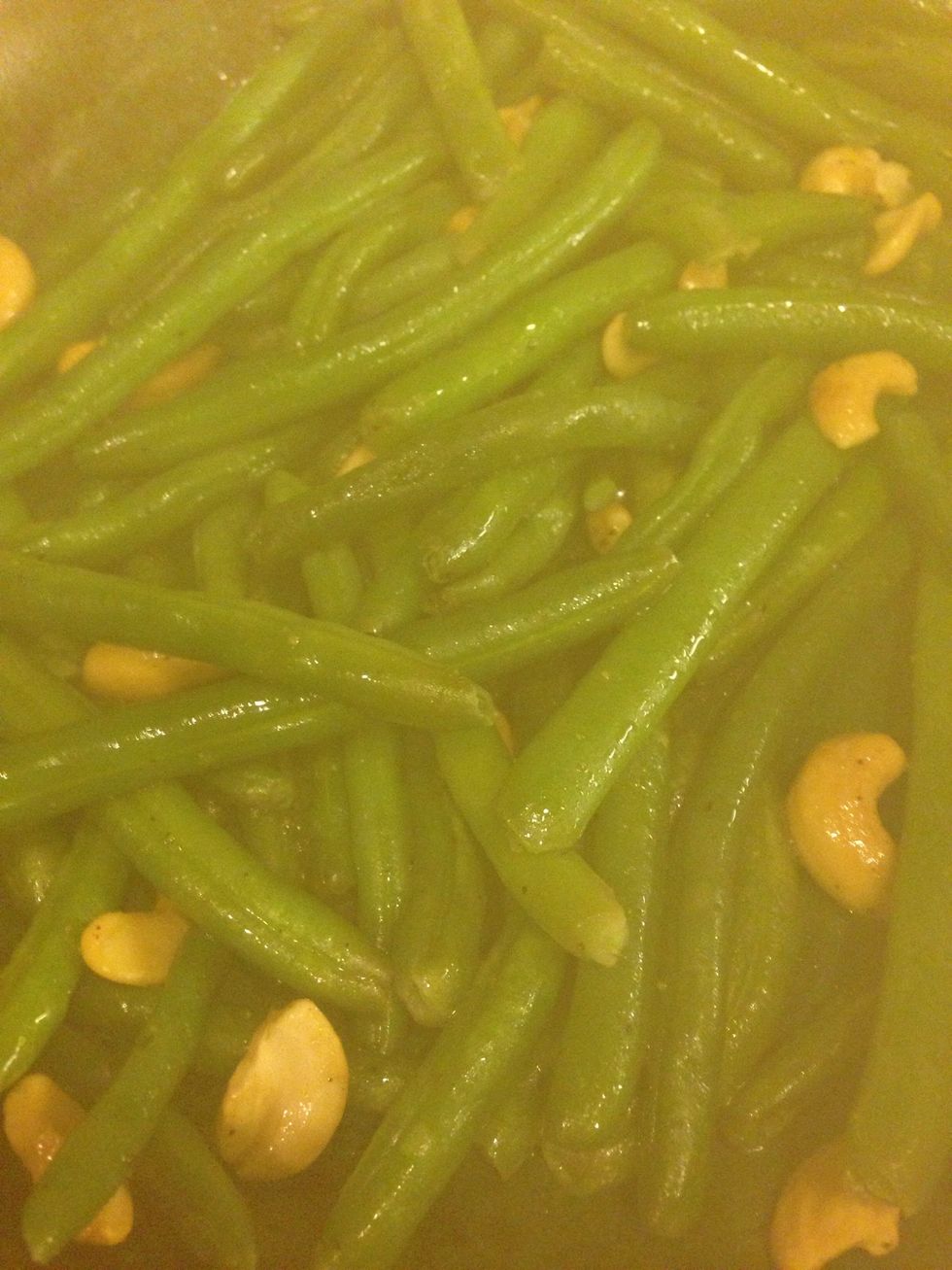 Serve with green beans saut\u00e9ed in soy sauce, sesame oil, and cashews