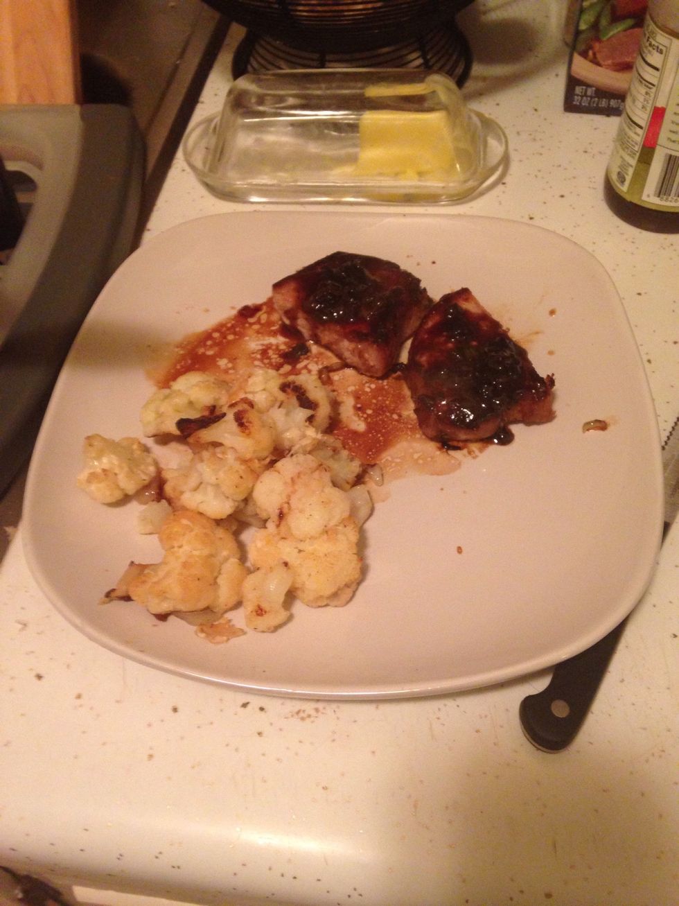 Serve with Parmesan-roasted cauliflower and the marinade sauce. Enjoy!!