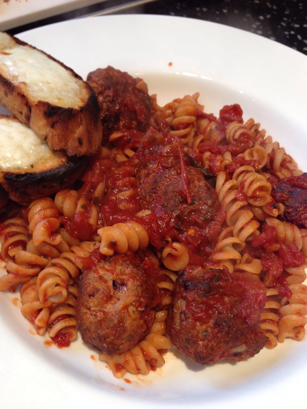 Serve with pasta and tomato sauce. And my garlic bread! Enjoy!!