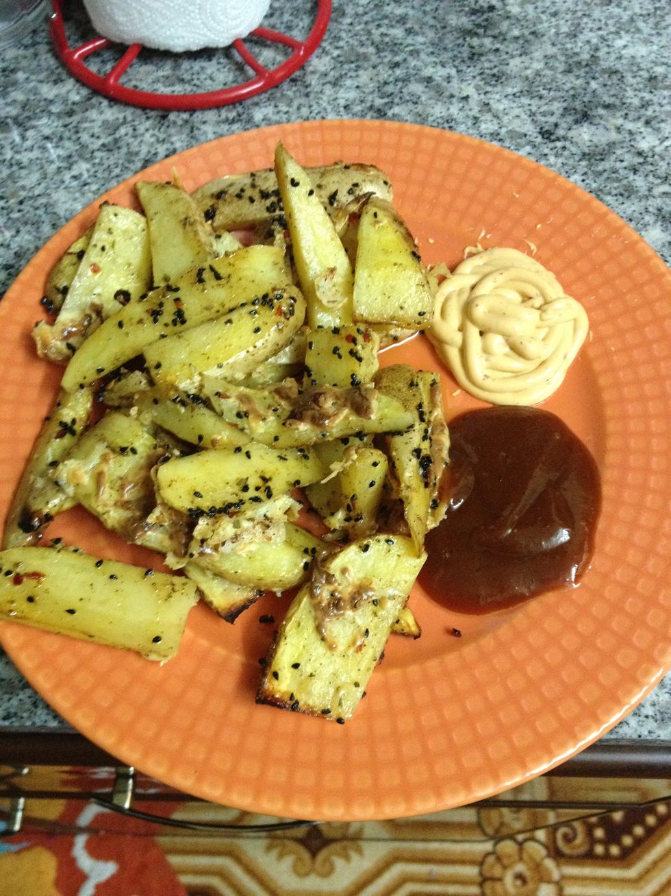 Serve with some BBQ sauce and chili mayo