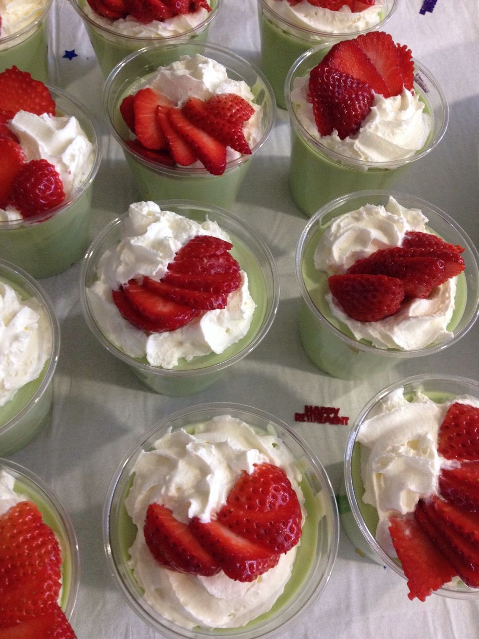 Serve with whipped cream and strawberry