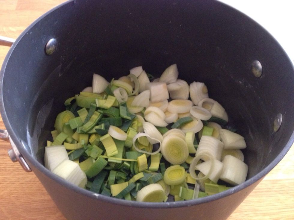 Serves two. You can swap the veg for those you like best. Start by placing one chopped onion and two chopped leeks in a pan