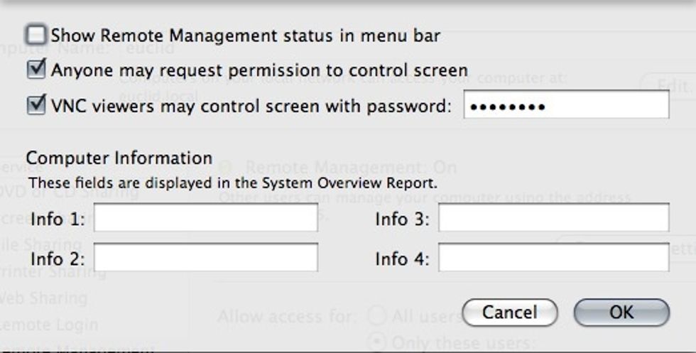 Set a password for VNC clients. Remember this will give complete access to your computer so use a strong password!!!!1 Also use the "Allow anyone to ask permission to control". Hit OK when done.