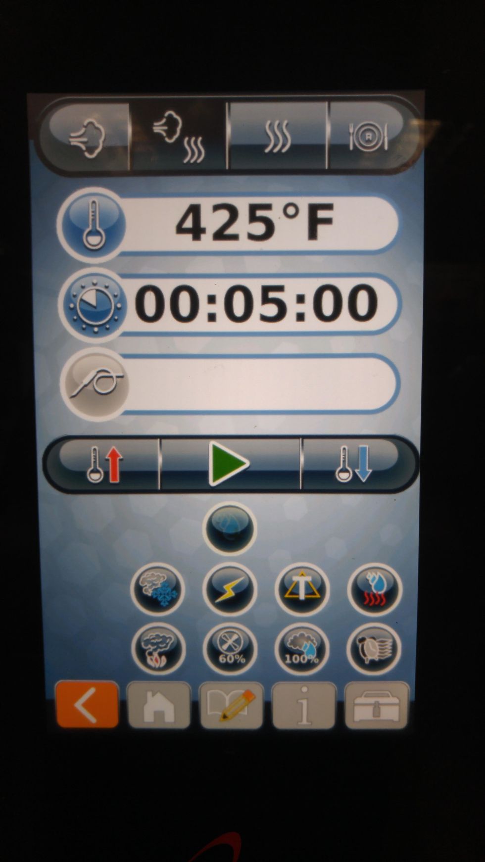 Set all the parameters you want. Here we have combi mode at 425F, 60% fan, 100% humidity and reduced power.