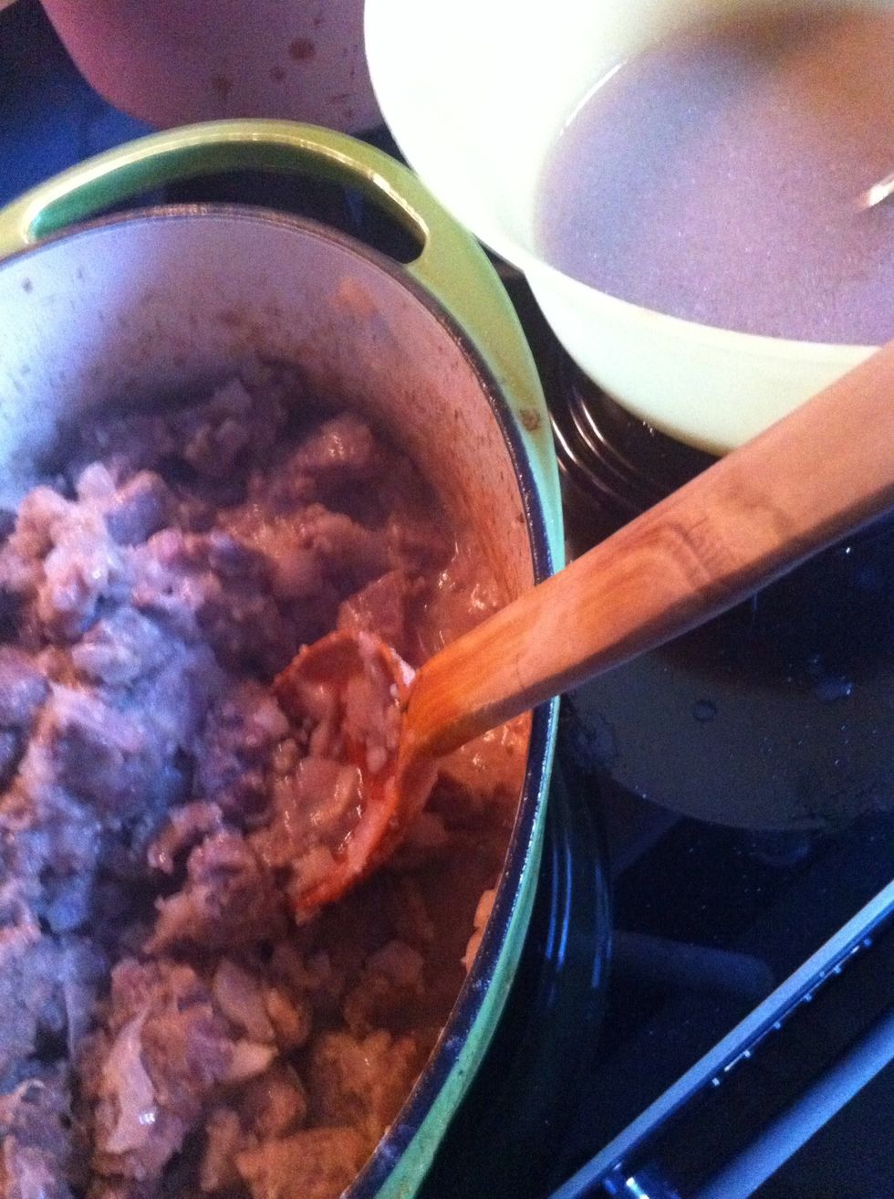 Set aside salt, sugar and pepper, add tomato puree and cayenne pepper. Continue sauteeing unless U see everything looks cooked and well-combined...