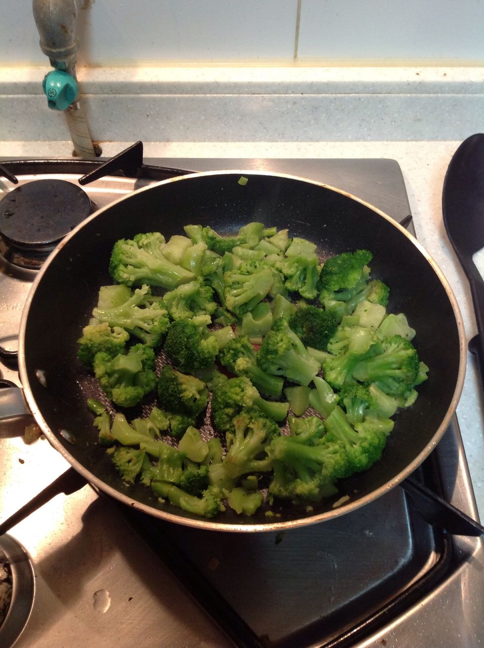 Set aside the chicken on a cutting board to let cool them cut each tenderloin in half. Clean out pan. Add a tablespoon or two of water and throw in broccoli in. Cook for about 3mins.