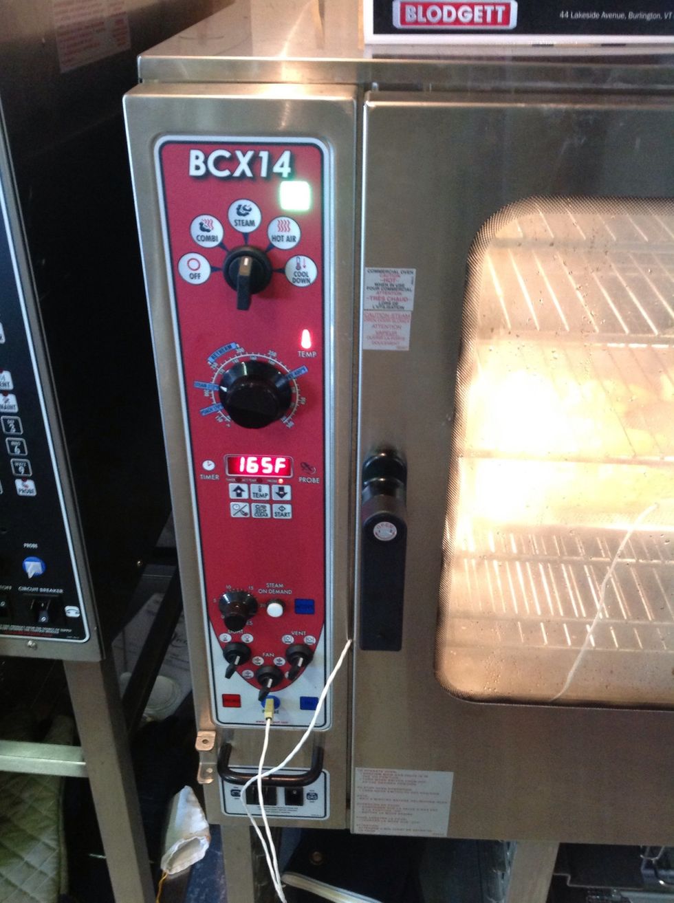 Set Blodgett Combi to steam mode at 212F and set CT probe to desired temp. (I used 165F)