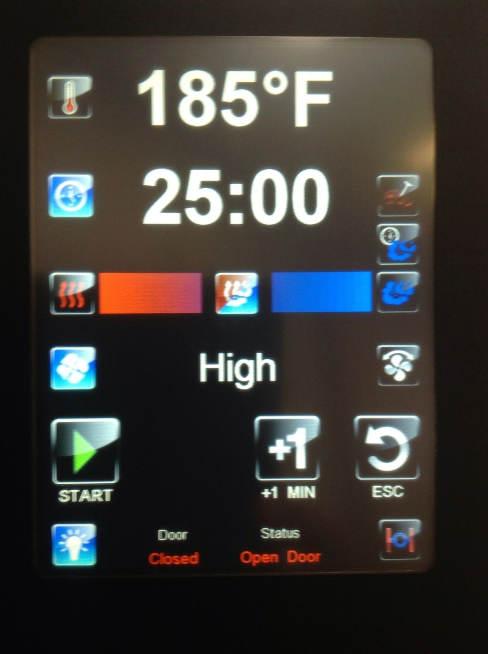 Set Blodgett Hydrovection  in Hydro mode at 185F for 25min