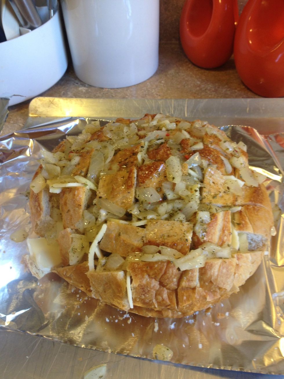 Set bread on foil, pour mixture on top