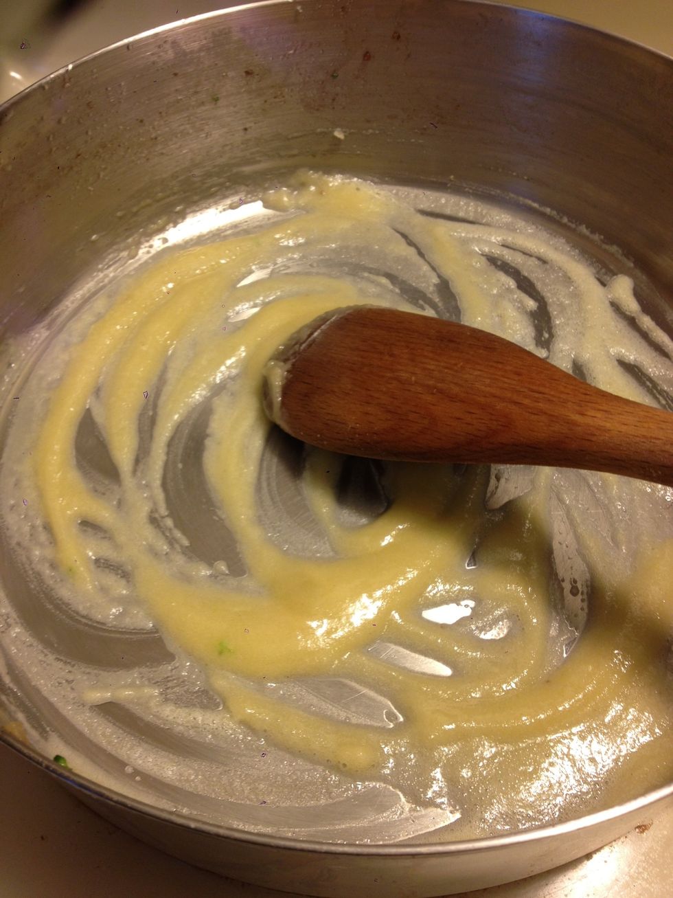Set broccoli& beef mixture aside in a large bowl& begin making cheese sauce, or roux, by melting 2 TBSP of butter. When butter has melted, add 2 TBSP of flour and mix until smooth.